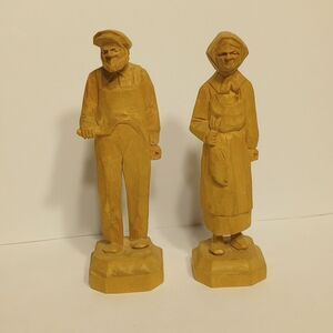 Vintage Folk Art Hand Carved Wooden Old Man and Old Woman